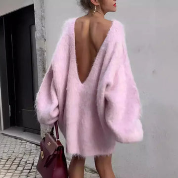 GETADME  2025 Autumn Fashion Streetwear Casual O-Neck Pullovers Mini Dress Long Sleeve Backless Loose Knit Sweater Dress For Women